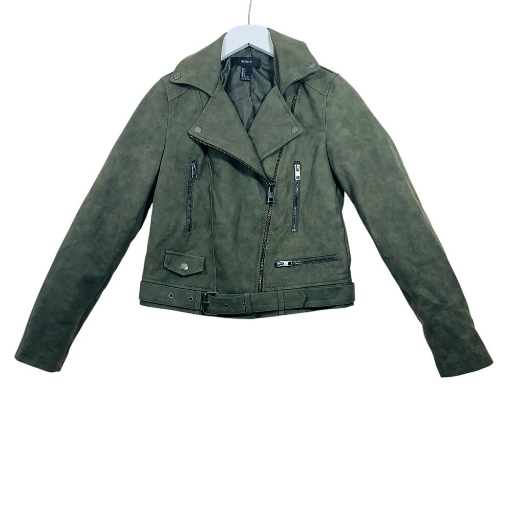 Forever 21 Distressed Faux Leather Olive Moto Jacket With Belt size small